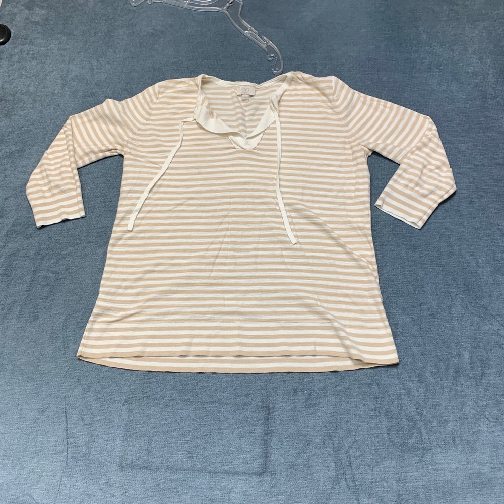 Loft Top Womens Large Beige White Striped Knitted Tie Neck Casual 3/4 Sleeve